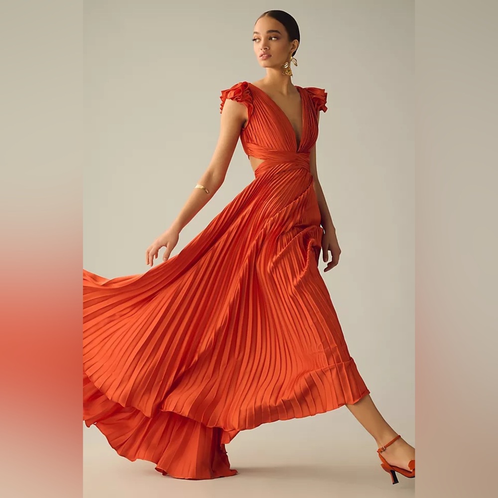 Mac Duggal Pleated Flutter Sleeve Deep-V Lace-Up … - image 3